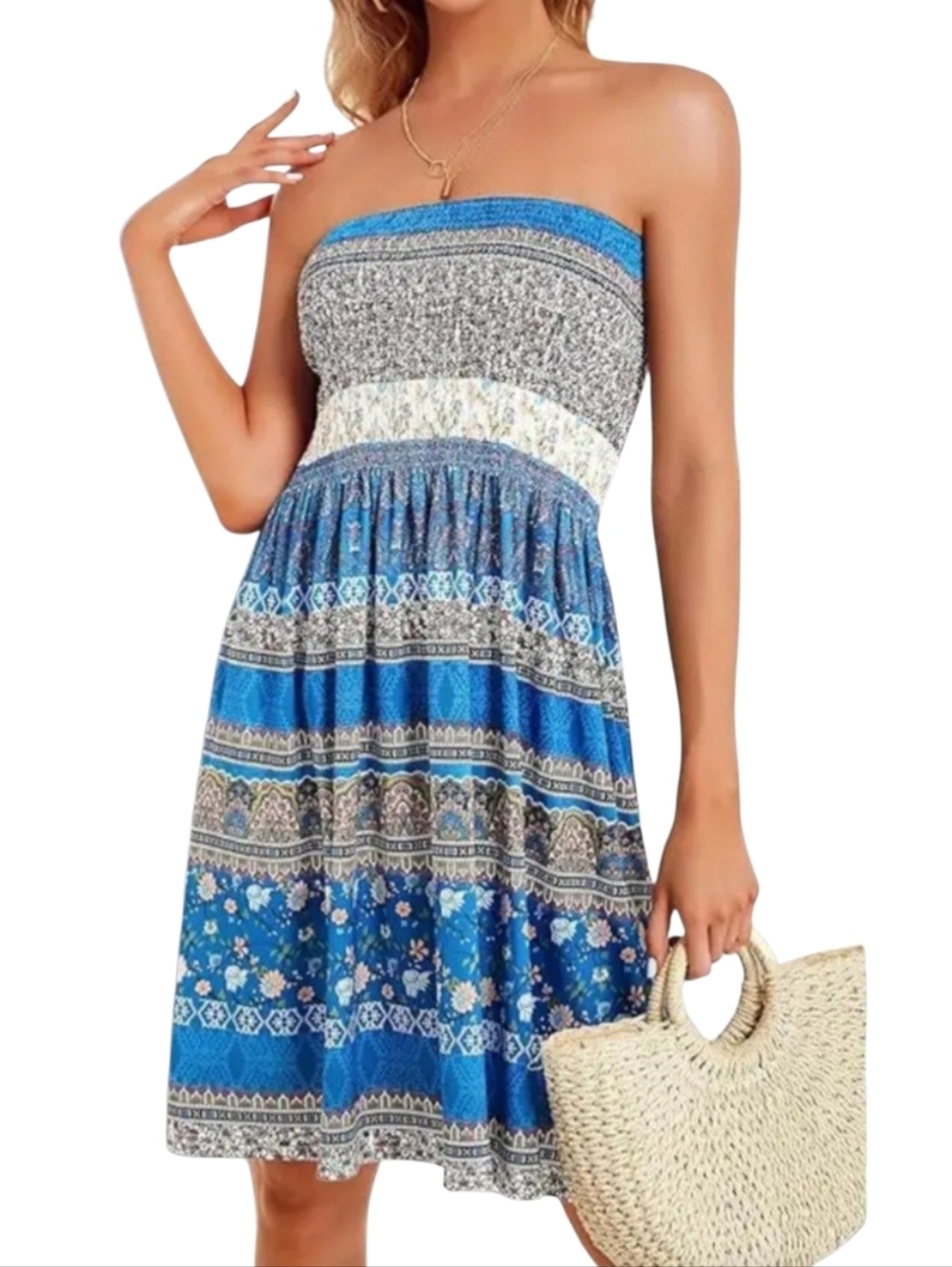 Blue Strapless Floral Boho Print Smocked Sundress. XL